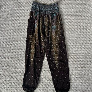 Womens Hippie Boho Peacock Feather Print Harem Pants